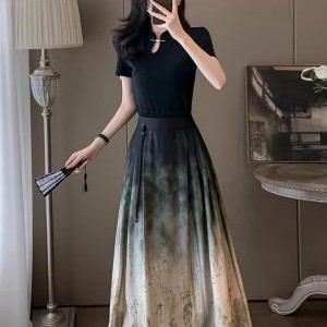 水墨两件套旗袍套装半身裙子女夏季新款中式气质国风高级感连衣裙