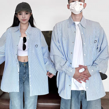 情侣装春秋款2025美式刺绣条纹长袖衬衫男高级感海边蓝色衬衣外套