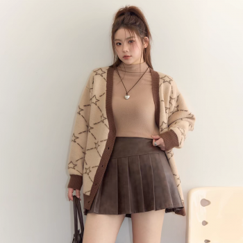 张大人大码女装美拉德穿搭针织开衫胖mm复古高腰减龄皮半裙套装