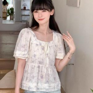 小镇姗姗 恋诗小集~刺绣雪纺衫女夏季印花设计感短款泡泡袖上衣