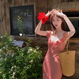 白水女【熟樱桃~】红色格子吊带鱼尾裙女法式温柔海边度假连衣裙