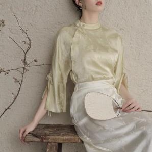 山有色春夏新中式女装国风原创设计茶服梅花人丝提花改良立领上衣