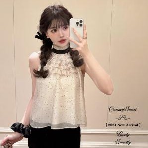 CreamySweet 香草千层 甜美波点雪纺无袖上衣女蝴蝶结蛋糕裙套装