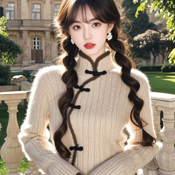 2024冬季今年流行洋气新中式盘扣杏色毛衣高级别致温柔百搭上衣