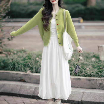 韩国EGG JRG开春穿搭温柔风绿色针织开衫连衣裙百搭裙子两件套