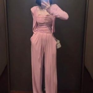 休闲套装女秋冬新款薄款长袖防晒开衫吊带阔腿裤盐系穿搭三件套装