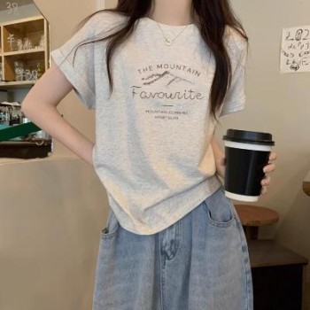 2025夏季新款花灰色纯棉短袖t恤女宽松百搭时尚减龄字母印花上衣